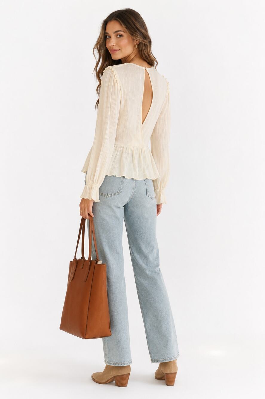 Free People Cream Open Back Peplum Blouse M Ruffle Long Sleeve Romantic Boho